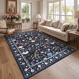 Garvee Washable Area Rug 8x10 Non-Slip Soft Vintage Living Room Rug, Low Pile Farmhouse Floral Carpet, Non-Shedding Foldable Printed Rugs for Home Office Kids Playroom, Dark grey blue - Dark Blue