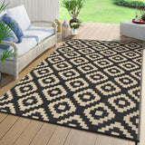 Garvee Outdoor Black & Coffee 10x14 Rugs Waterproof Reversible Patio Mat Plastic Straw Lightweight Modern Geometric Design with Stake Loops for Camping RV Backyard - Black & Coffee