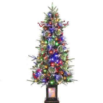Garvee 4.5ft Christmas Tree with 150 Multicolor Led Lights, Pre-Lit Snow Flocked Christmas Tree with Sturdy Base, Holiday Xmas Tree with Red Berries, Festival Decoration for Home, Entrances