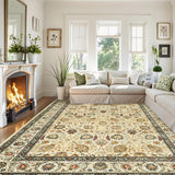 Garvee Vintage Large Floral Area Rug 5x7 - Machine Washable, Non-Slip, Stain-Resistant, Soft Low-Pile Synthetic Fiber, Pet-Friendly, Beige, Living Room - Beige