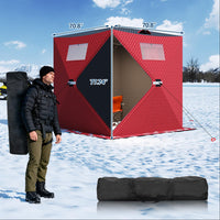 Garvee Insulated Pop-Up Ice Fishing Tent for 3-4 Persons - Portable Windproof Winter Shelter - Durable Ice Shanty, Carry Bag, Zippered Door, Anchors, Rope - Red & Black, 70.8×70.8×77.74 Inch | Winter fishing shelter