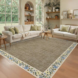 Garvee Bordered Taupe 10x13 Machine Washable Floral Area Rug Low Pile Soft Faux Wool TPR Backing Non-Slip Lightweight Foldable for Living Room Bedroom - Taupe|Flax Bordered
