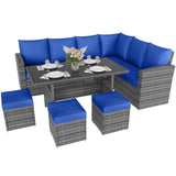 Garvee 7-Piece PE Wicker Patio Furniture Set with Tempered Glass Table, Modular Design, All-Weather Durable Metal Frame, Grey & Blue, Ideal for Poolside & Backyard