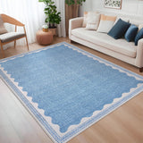 Garvee Modern Blue 4x6 Scalloped Washable Area Rug Low Pile Non-Slip Rubber Backing 100% Polyester Modern Soft Durable Living Room Bedroom - Blue