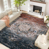 Garvee Washable 9x12 Ombre Vintage Distressed Area Rug Soft Fleece Non-Slip TPR Backing Foldable Living Room Bedroom Dining - Blue & Orange