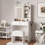 Garvee Makeup Vanity Desk with Mirror and Lights, Vanity Table with Charging Station, Power Outlets & USB Ports, Drawers, Shelves, Stool Included, LED Vanity Desk for Bedroom, White - White