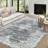 Garvee Vintage Area Rug 8x10 - Soft Low-Pile, Stain Resistant, Washable, Non-Slip Backing - Floral Pattern for Living Room Bedroom Dining - Gray