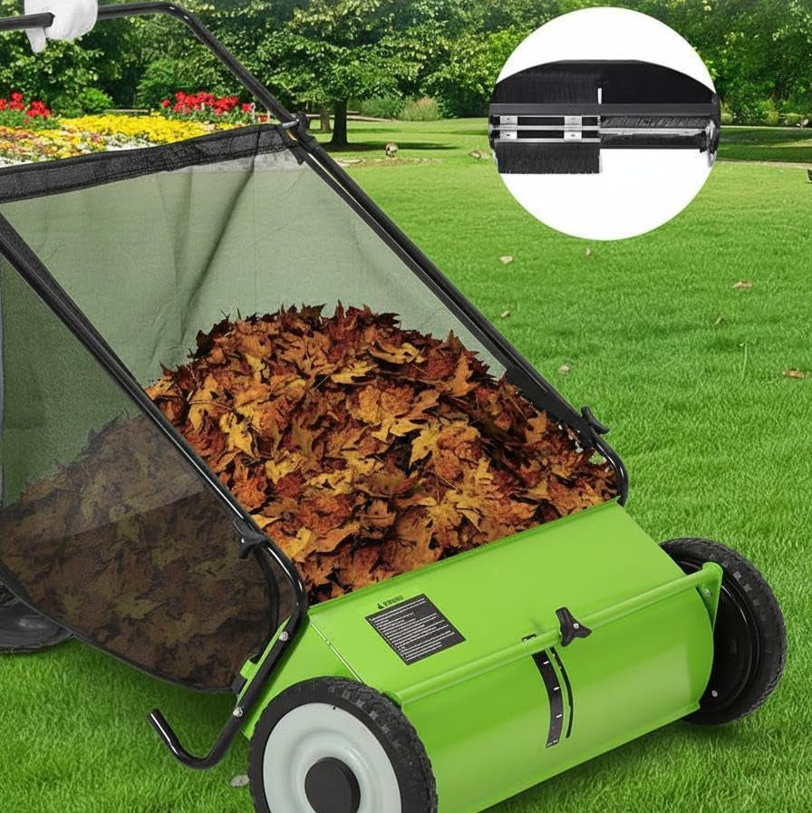 Garvee 21" Push Lawn Sweeper with 4-Brush System, Heavy Duty Steel Yard Leaf Collector, Adjustable Height, 3.5 Cu Ft Bag, Manual Grass & Lawn Cleaner Light Green