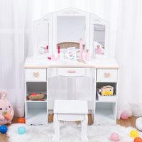 Garvee Girls' Vanity Table and Stool Set with Mirror, Drawer and Wood Makeup Playset Toy for Age 3-10, White