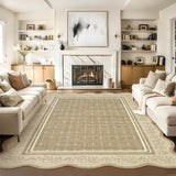 Garvee Large Washable Area Rug 10x13 Scalloped Floral Soft Low Pile Polyester Non-Slip Stain Resistant Modern Bordered Living Room Nursery Carpet - Camel