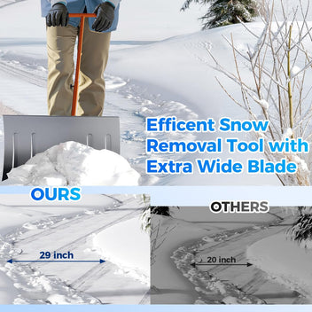 Garvee 29"W X 16.5"H Heavy Duty Metal Snow Shovel with Wheels – Wide Angled Blade – 5-Level Adjustable Ergonomic Handle – Back-Saving Snow Pusher for Driveways, Sidewalks, Yards – Silver with Orange-Yellow Handle and Wheels