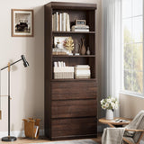 Garvee 70" Tall Bookcase with 3 Drawers, Farmhouse Bookshelf with 3 Tier Open Shelves, Modern Deep Storage Book Shelf Storage Cabinet Organizer for Living Room Office Library, Red Brown - Red Brown