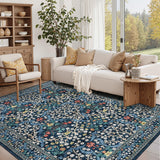 Garvee Washable Area Rug 4x6 Floral Botanical Print Soft Low Pile Faux Wool Non Slip Stain Resistant for Living Room Bedroom Kitchen - Blue