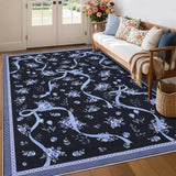 Garvee 5x7 Floral Area Rug for Living Room Girls Playroom, Machine Washable, Stain Resistant, Low Pile, Non Slip, Folding Carpet - Dark Blue
