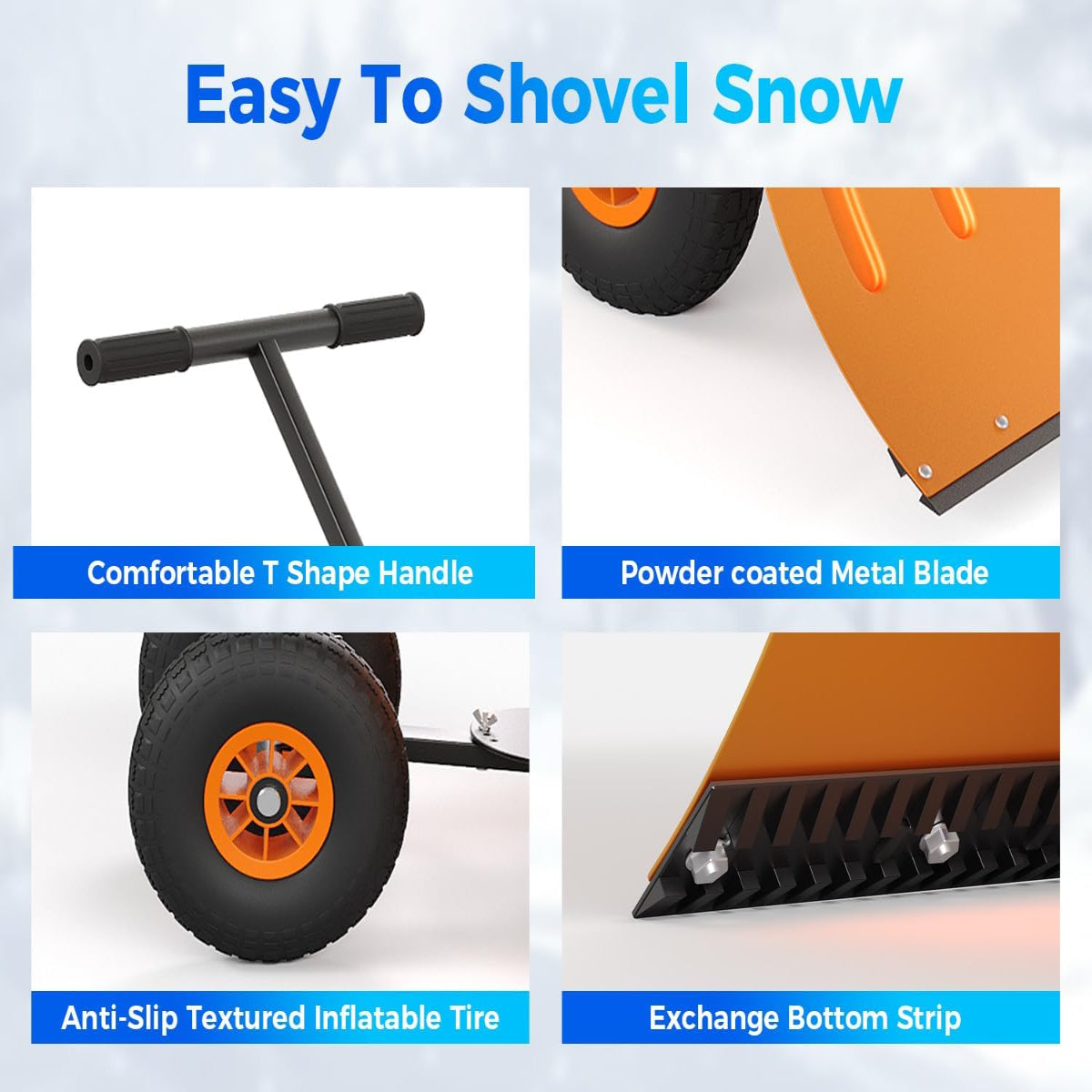 Garvee 29"W X 20"H Snow Shovel with Wheels for Driveway, 20" Wide Adjustable Snow Pusher with 5-Position Angle & Height Handle, Ergonomic Back-Saving Snow Removal Tool for Sidewalks, Yards & Patios - Orange