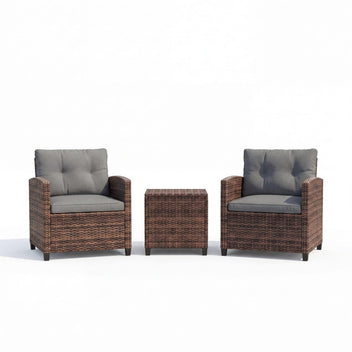 Garvee 3-Piece PE Rattan Patio Conversation Set, Outdoor Wicker Chairs with Cushions & Tempered Glass Table, Brown & Gray