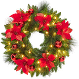Garvee 24 Inch Pre-Lit Artificial Christmas Wreath with 50 Warm White LED Lights, Frosted Pine Cones & Branches, Flame-Retardant Material, for Indoor Outdoor Front Door Decor - Red