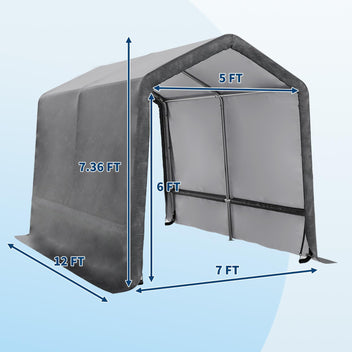 Garvee 7x12FT Gray Outdoor Portable Storage Shed with Roll-Up Door & Vent, 240G Heavy-Duty Shelter Waterproof PE Tarp, UV-Resistant Storage Sheds for Motorcycle, Firewood, Garden and Tools