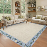Garvee Bordered Beige 8x10 Washable Floral Bordered Area Rug Low Pile Non-Slip TPR Backing Polyester Soft Stain Resistant Foldable for Living Room Bedroom - Beige|Blue Bordered