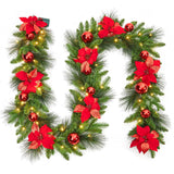 Garvee Pre-Lit Christmas Garland 9FT with 30 LED Lights, Pine Cones & Berries, Battery Operated, Fire-Resistant Material, Indoor/Outdoor Decor for Stairs & Fireplace - Red