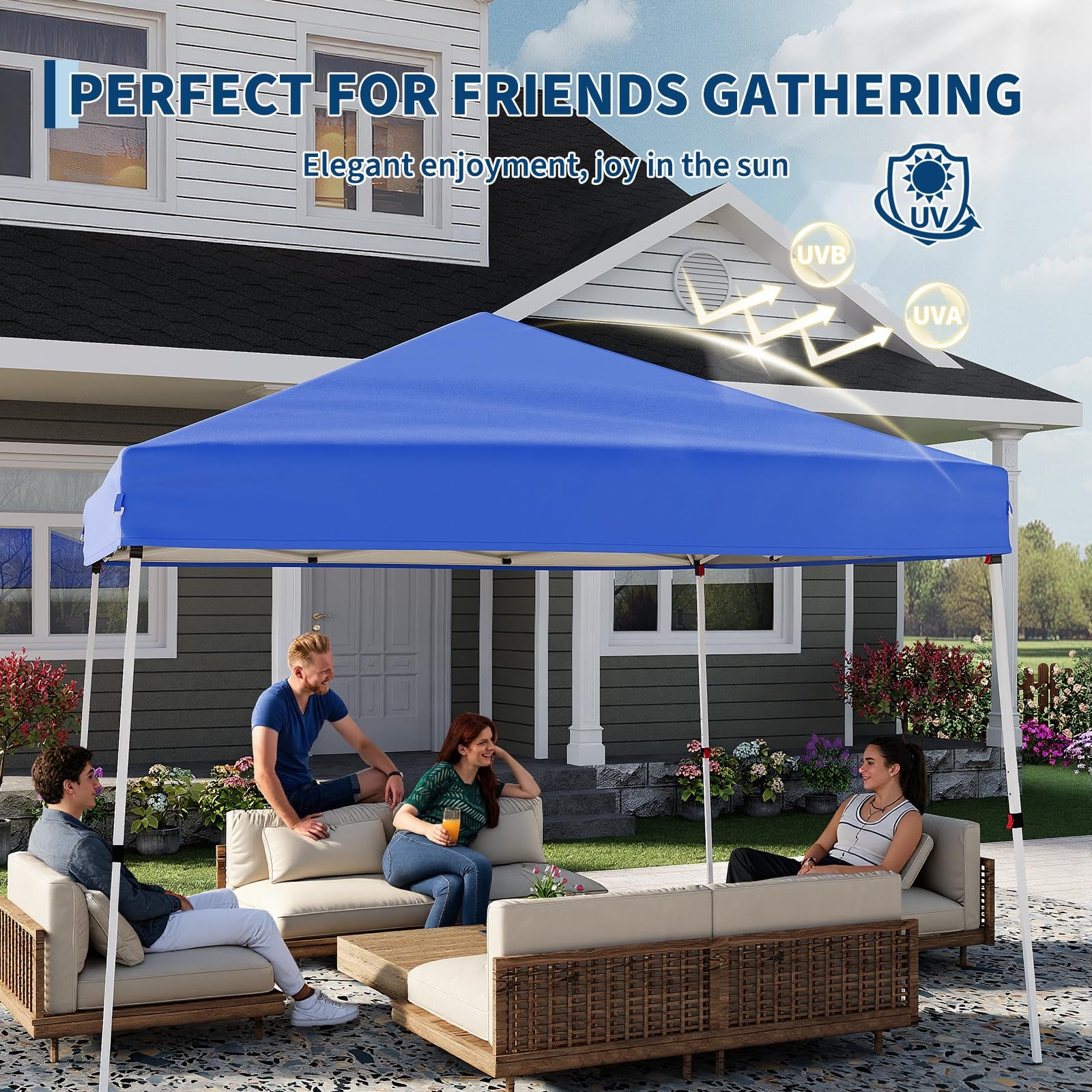 Garvee 10' × 10' Slant Leg Pop Up Canopy Tent, 8' × 8' Top, 210D Oxford UV & Water-Resistant Outdoor Gazebo with Carry Bag, Stakes, Ropes & Sandbags, Blue