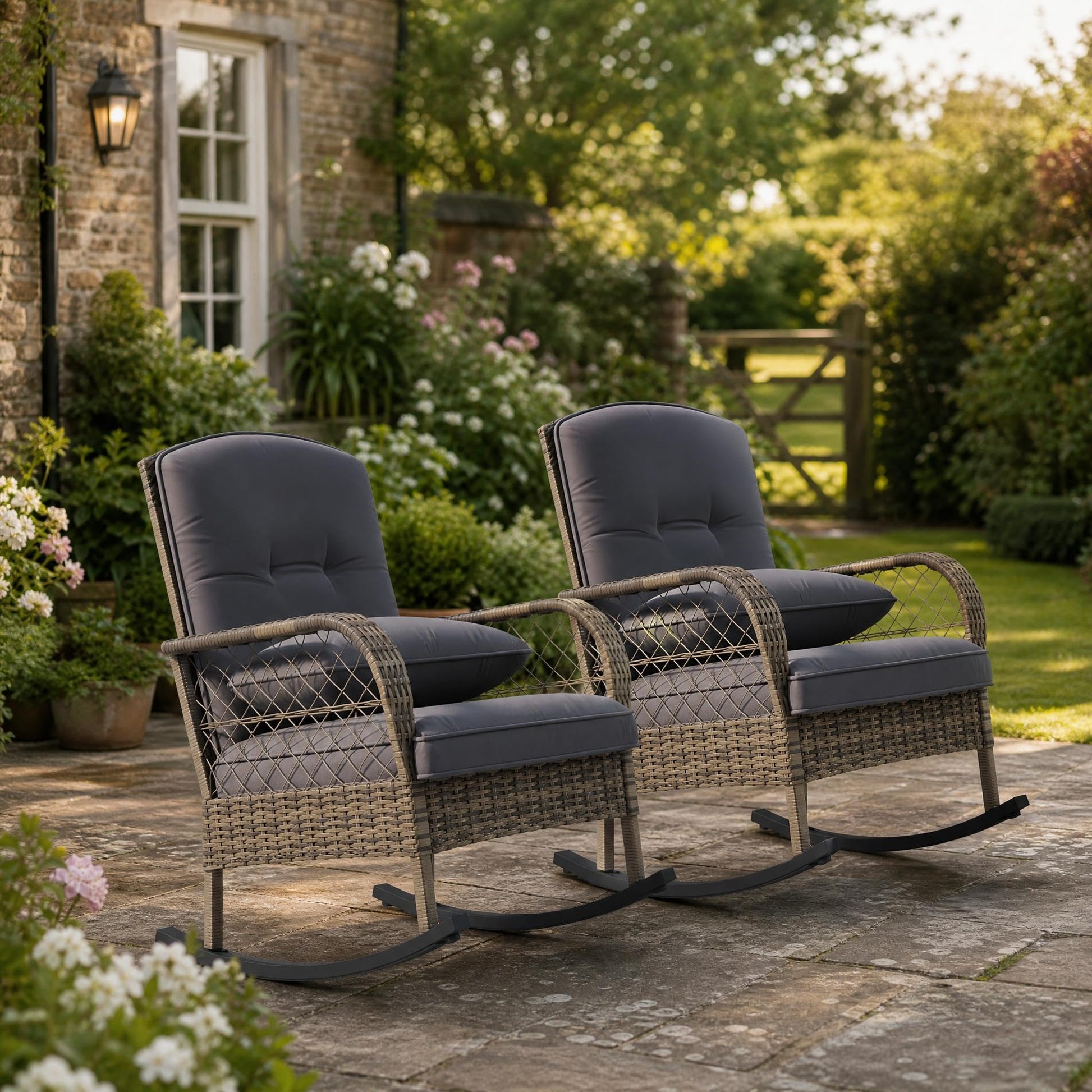 Garvee Set of 2 Outdoor Wicker Rocking Chairs, PE Rattan Patio Rockers with Thick Cushions & Steel Frame for Porch, Garden, Backyard & Deck