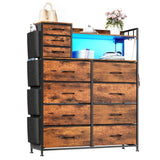 Garvee 11 Drawers Dresser for Storage Clothes, Tall Storage Closet Organizer with LED Lights & Charging Station, Side Pockets and Hooks, for Bedroom & Living Room, Brown - Brown