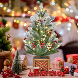 Garvee 24" Mini Christmas Tree LED Lights Frosted Tips Wooden Base Battery Operated Tabletop Decor Home Office Gift - Red Fruits - Wooden Basin