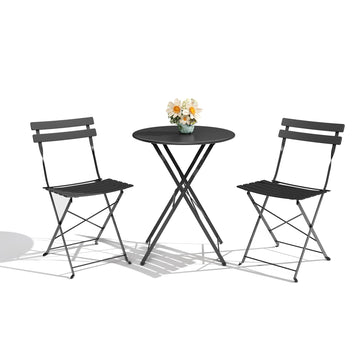 Garvee 3-Piece Folding Patio Bistro Set, Powder-Coated Metal Table and 2 Chairs for Balcony, Porch, Garden, Small Outdoor Spaces,Black