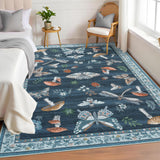 Garvee Blue 5x7 Modern Insect Floral Mushroom Print Rug, Washable, Stain Resistant, Soft Low Pile, Non-Slip Backing, Foldable, Indoor Living Room Bedroom Dining - Blue