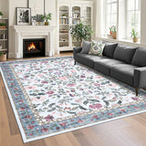 Garvee Large Washable Area Rug 10x13 Light Blue - Soft Low Pile, Non-Slip Rubber Backing - Faux Wool, Vintage Floral Design - Foldable, Non-Shedding - Living Room, Bedroom, High-Traffic Areas - Light Blue