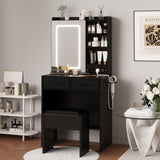 Garvee Makeup Vanity Desk with Mirror and Lights, Vanity Table with Charging Station, Power Outlets & USB Ports, Drawers, Shelves, Stool Included, LED Vanity Desk for Bedroom, Black - Black