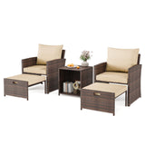 Garvee 5-Piece Patio Furniture Set - PE Wicker Rattan, Soft Cushions, 2 Ottomans, 2-Tier Coffee Table, Rust-Resistant Steel Frame, Brown Gray, Poolside Garden Balcony