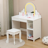Garvee Kids Vanity with Lighted Mirror & Stool, 2 In 1 Little Girls Vanity and Wooden Makeup Playset with Adjustable LED Light, Storage Drawer & Shelves for Girls 3-9, White - White