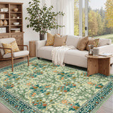Garvee Floral Rug 4x6 Washable Non Slip Rubber Backing Soft Low Pile Foldable Polyester Fibre Living Room Bedroom Nursery - Green