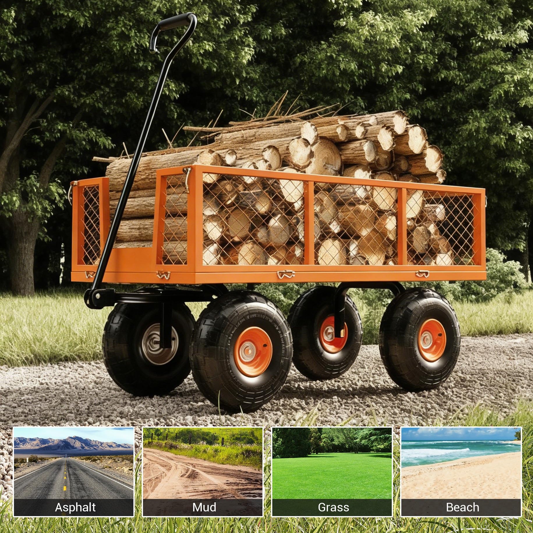 Garvee Orange Steel Garden Cart Wagon, 900 lbs Utility Yard Cart with Removable Mesh Sides, 10" Wheels, 180° Handle & 9.03 Cu.Ft. Cargo Bed