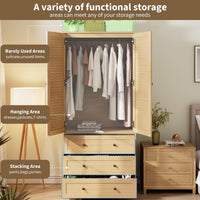 Garvee 70" Wardrobe Armoire Wooden Closet with 2 Doors and 3 Drawers, Bedroom Armoire with Hanging Rod Shelf, Large Capacity Storage Wardrobe Armoire, Freestanding Wooden Closet Storage Cabinet