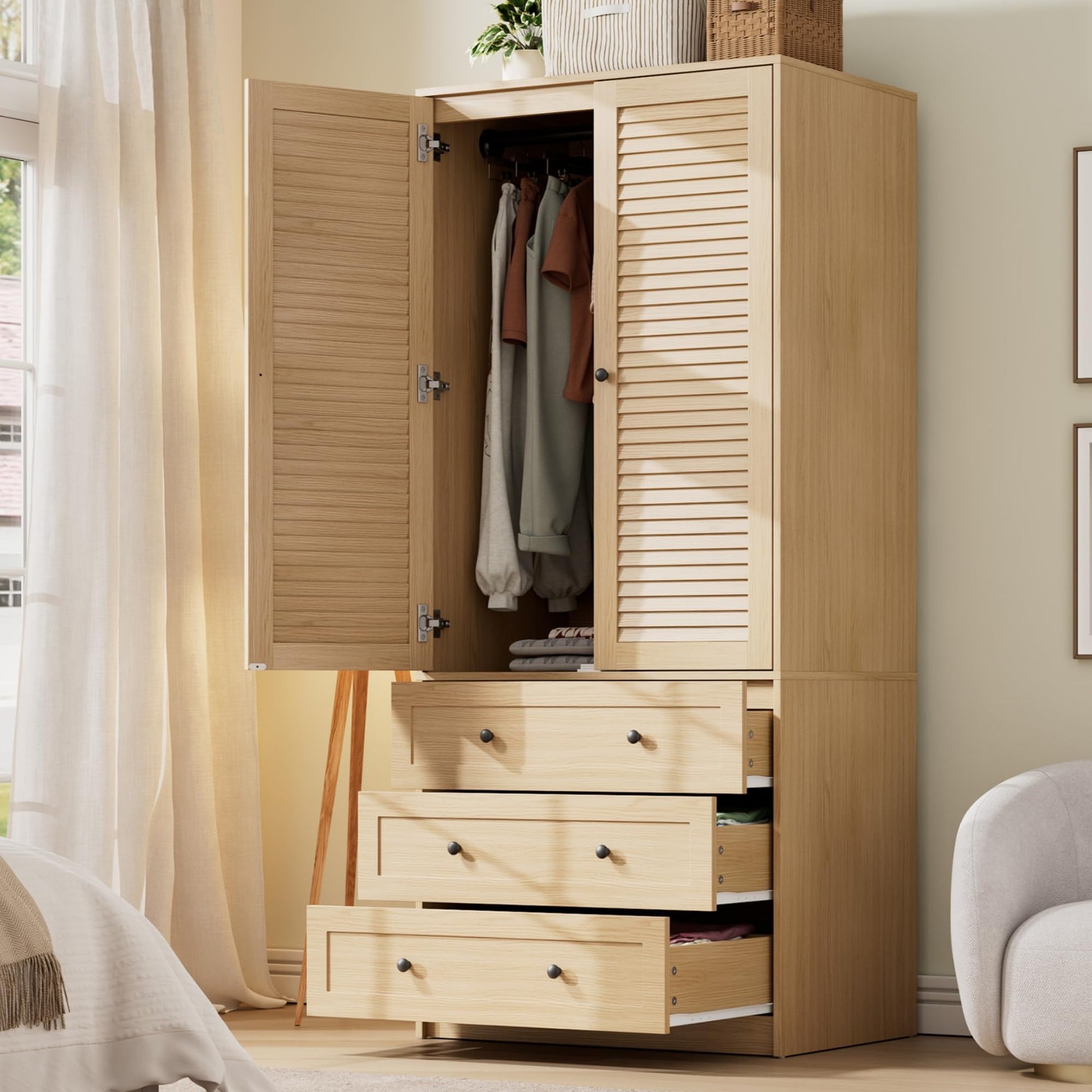 Garvee 70" Wardrobe Armoire Wooden Closet with 2 Doors and 3 Drawers, Bedroom Armoire with Hanging Rod Shelf, Large Capacity Storage Wardrobe Armoire, Freestanding Wooden Closet Storage Cabinet