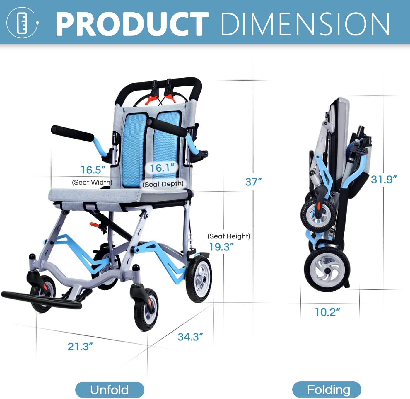 Garvee Ultra Lightweight Transfer Chair, 19 lbs Folding Aluminum Wheelchair with 280° Flip-Up Armrests, Locking Handbrake, 220 lb Capacity, 16.5" Seat, Swinging Footrests, Portable Travel Wheelchair for Elderly & Caregivers