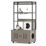 Garvee Modern Hidden Cat Litter Box Enclosure with Storage Rack, Indoor Enclosed Cat Furniture, Hammock, Sisal Balls, Scratching Mat, Multi-Level Private Cat House, Gray - Gray