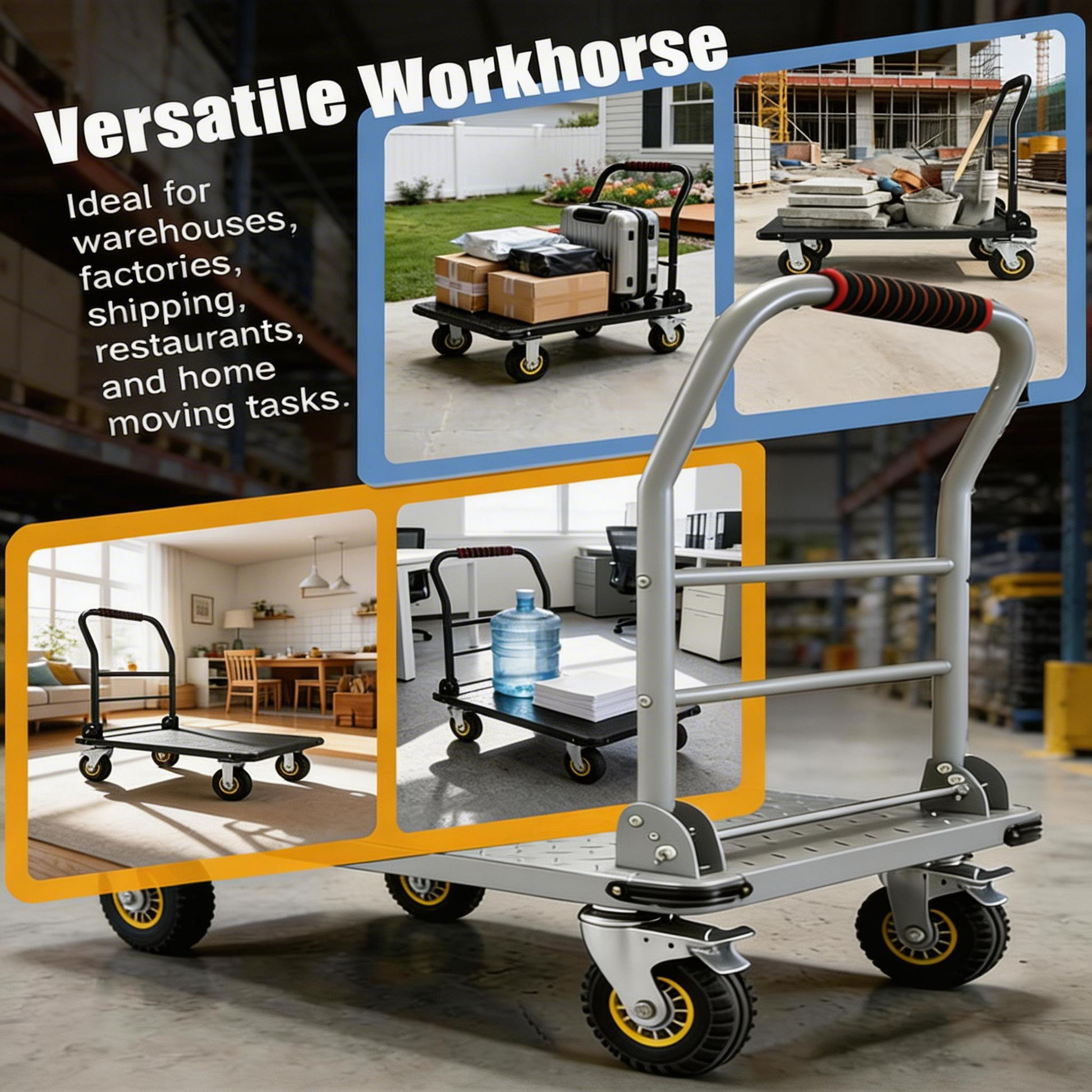 Garvee Platform Truck Cart 1800LBS Capacity Foldable Handle Steel Frame 6" Swivel Wheels with Brakes Warehouse & Moving