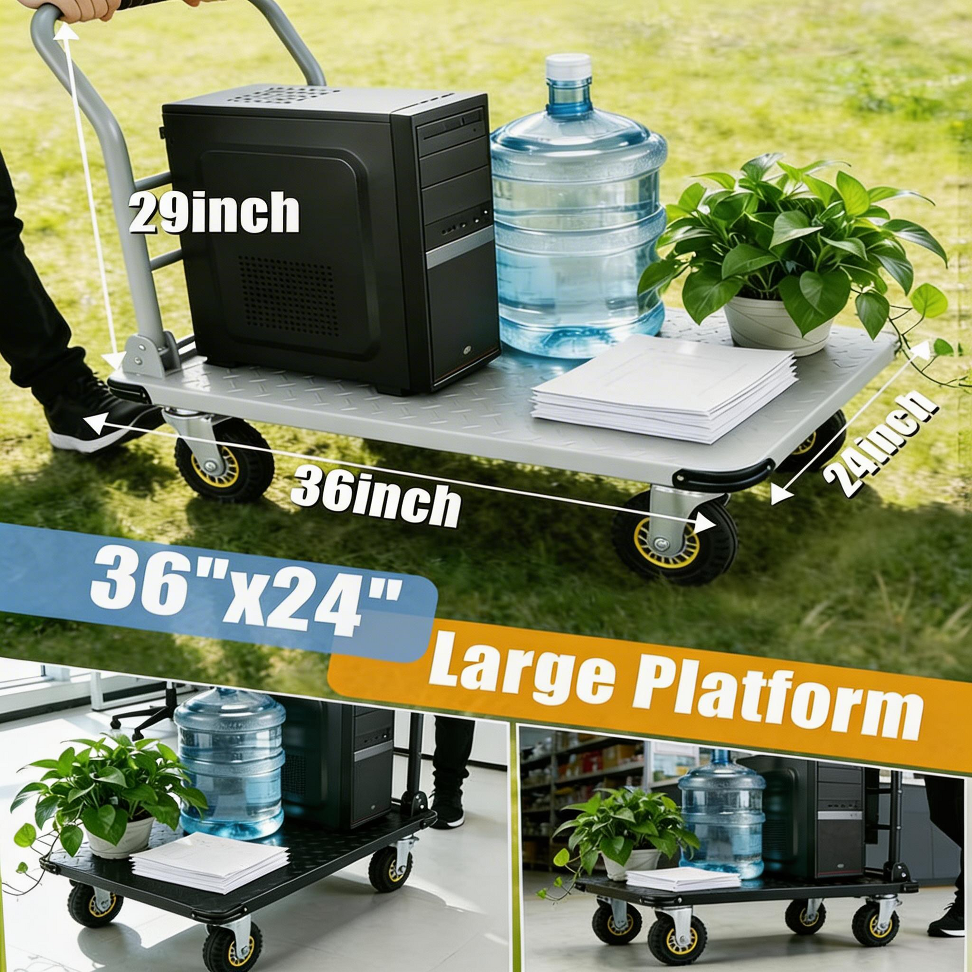 Garvee Platform Truck Cart 1800LBS Capacity Foldable Handle Steel Frame 6" Swivel Wheels with Brakes Warehouse & Moving