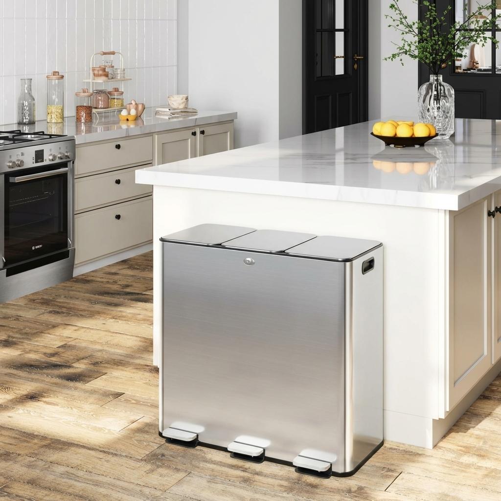 Garvee 24 gallon Stainless Steel Triple Trash Can with Separated Lid and Foot Pedal Recycle Bin Combo for Kitchen and Living Room