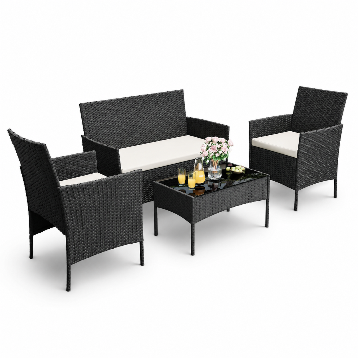Garvee 4-Piece Rattan Patio Conversation Set with Cushioned Seating & Coffee Table, Black/Cream White