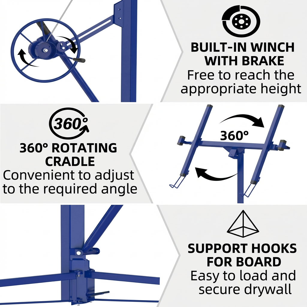 Garvee 16FT Heavy Duty Drywall Lift - 150LBS Sheetrock Panel Hoist - 360° Adjustable Telescopic Arm - 3 Lockable Wheels - Collapsible Jack for Ceiling & Wall Installation - Blue