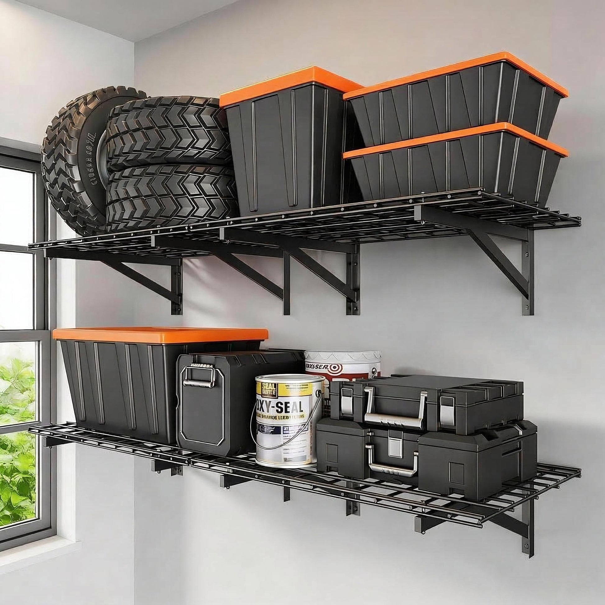 Garvee Garage Wall Shelving 1400lbs Capacity Heavy Duty Steel Adjustable Brackets Open-Grid Design Black for Garage Storage