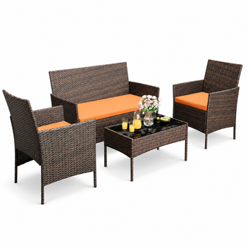 Garvee 4-Piece Rattan Patio Conversation Set with Cushioned Seating & Coffee Table, Brown/Orange
