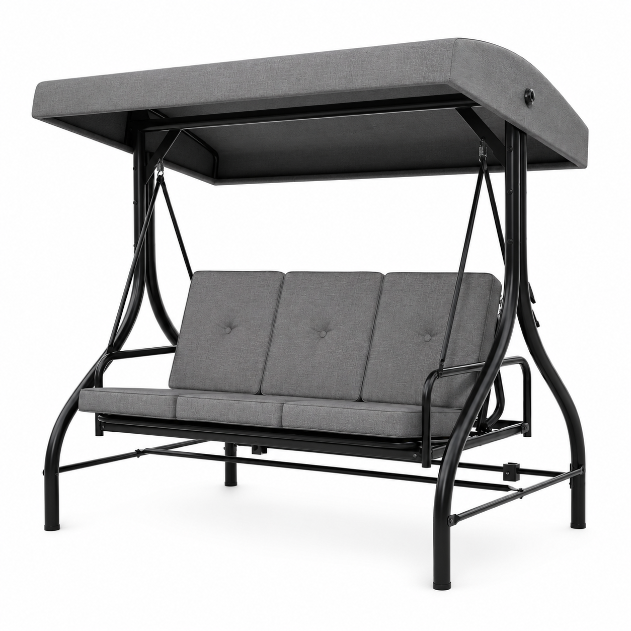 Garvee 3-Seat Outdoor Porch Swing with Adjustable Canopy, 800 lb Heavy-Duty Steel Frame, 180° Reclining Patio Swing Bed with Cushions, Pillows & Cup Trays, Gray