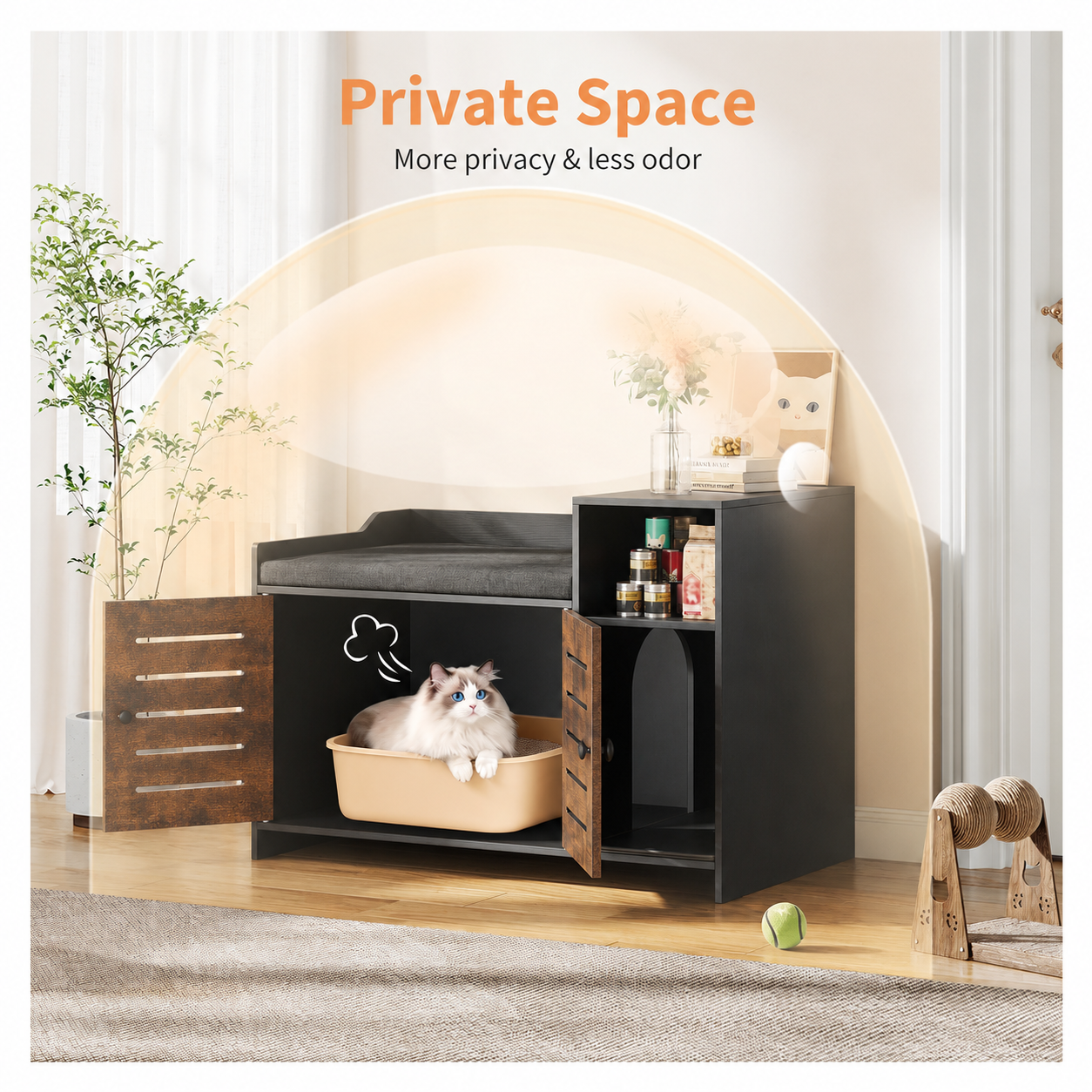 Garvee Cat Litter Box Enclosure, Hidden Litter Box Furniture with Litter Mat & Storage Shelf, Farmhouse Indoor Cat House Cabinet for Hallway, Bedroom, Black