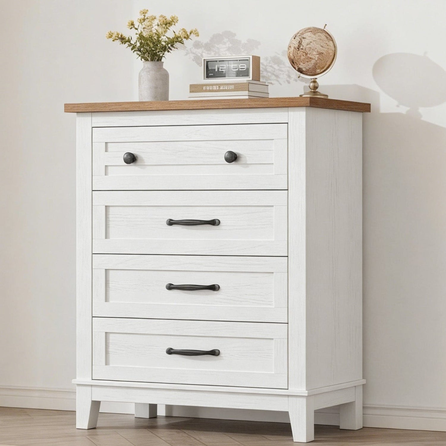 Garvee 4 Drawers Dresser for Bedroom, 34.8" Tall Vertical Drawer Dresser with Large Storage, Waterproof Top, Anti-Tipping, Freestanding Wooden Closet Chest for Bedroom, Living Room, White + Brown Top